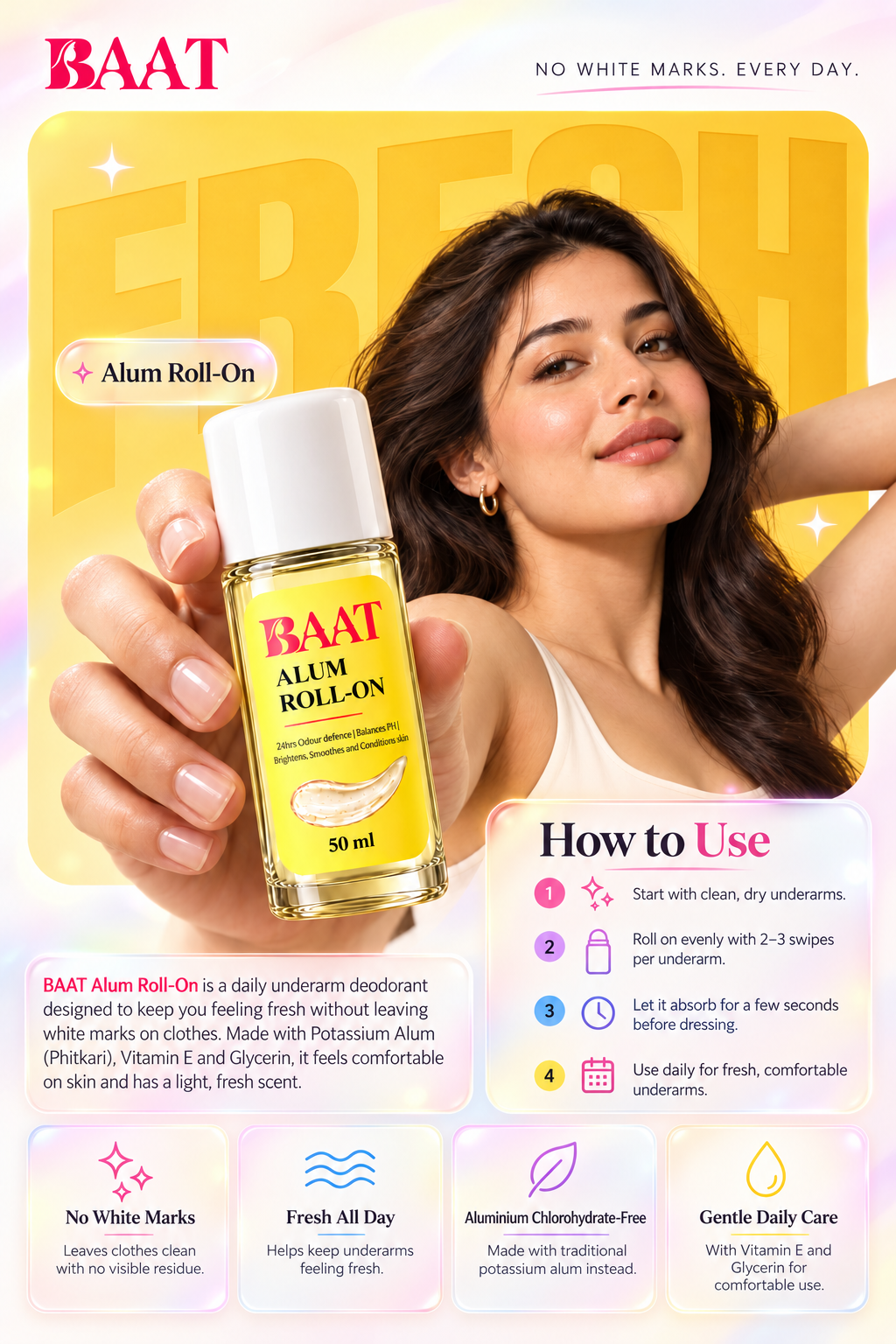 BAAT Alum Roll-On Deodorant 50ml | No White Marks