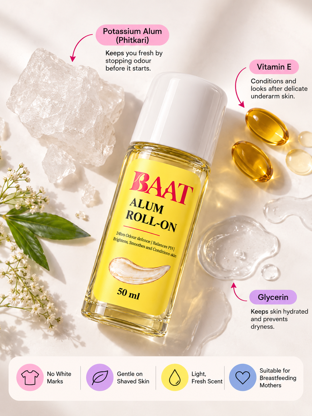 BAAT Alum Roll-On Deodorant 50ml | No White Marks