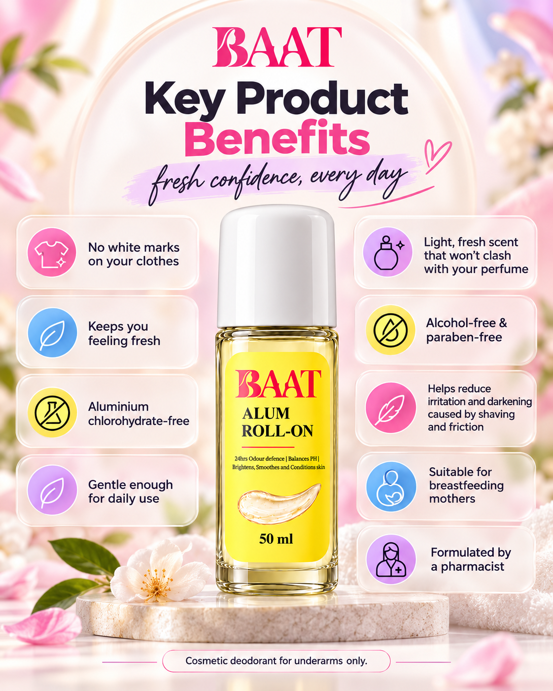 BAAT Alum Roll-On Deodorant 50ml | No White Marks