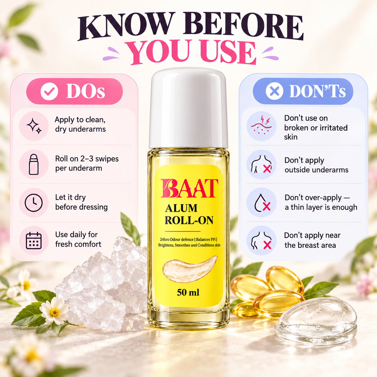BAAT Alum Roll-On Deodorant 50ml | No White Marks